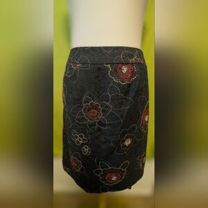 LOFT Black Pencil Skirt with Red Floral Embroidery
